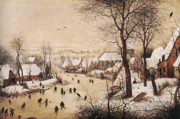 地味なシーン Painting - スケーターと鳥の罠のある冬の風景 フランドルのルネッサンスの農民ピーテル ブリューゲル長老